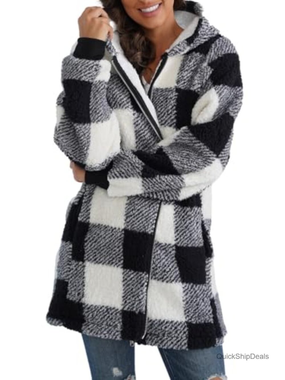 Women's Fleece Zip Up Jacket Oversized Hooded Sherpa Teddy Coat Fuzzy Warm